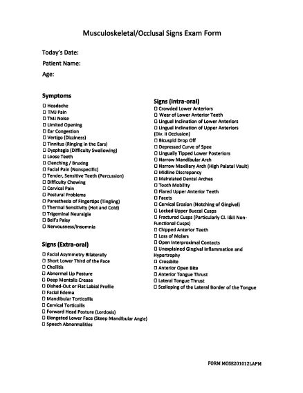 MUSCULOSKELETAL/OCCLUSAL SIGNS FORM